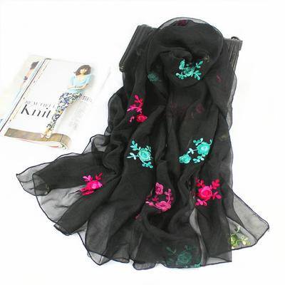 Outono e Inverno Pastoral Bordado Flores Chiffon Cachecol Xale Feminino Bordado Dupla Finalidade Longo Versão Coreana Novo Versátil