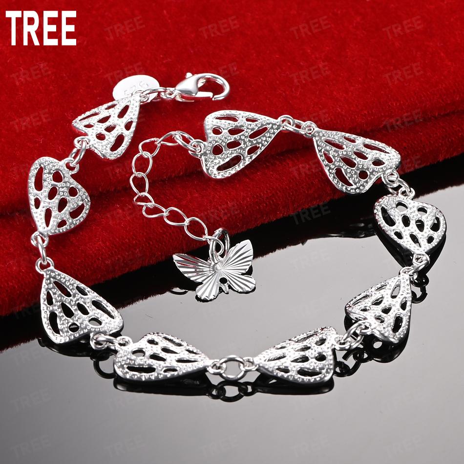 925 Sterling Silver Romantic Openwork Heart-Shaped Side Chain Bracelet Gift Jewelry 20CM