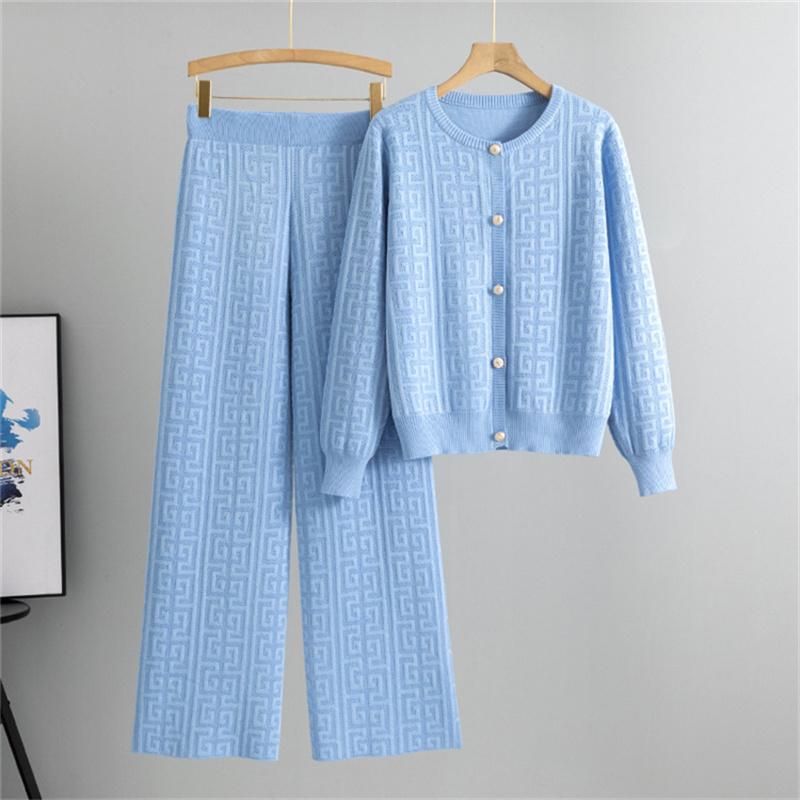 Women's Autumn And Winter Sports Casual Knitted Suit Fashion Cardigan Sweater Wide Leg Pants Two Piece Set