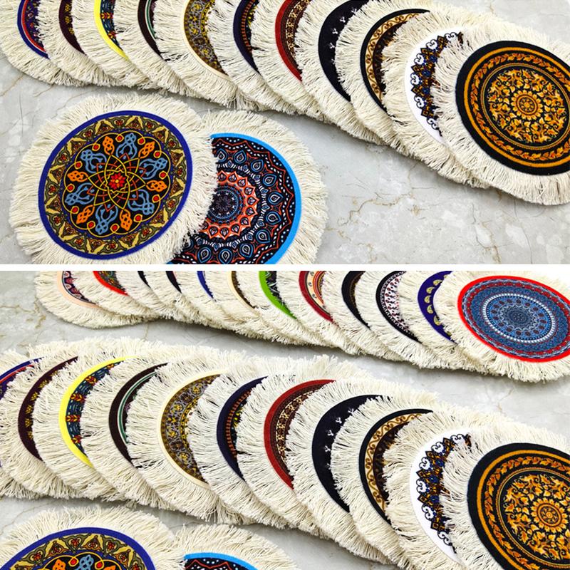 1PC Multi-Use Heat-Resistant Coaster Artisanal Round Durable Mat Non-Slip Ethnic Style Bohemian Coffee Washable 10cm