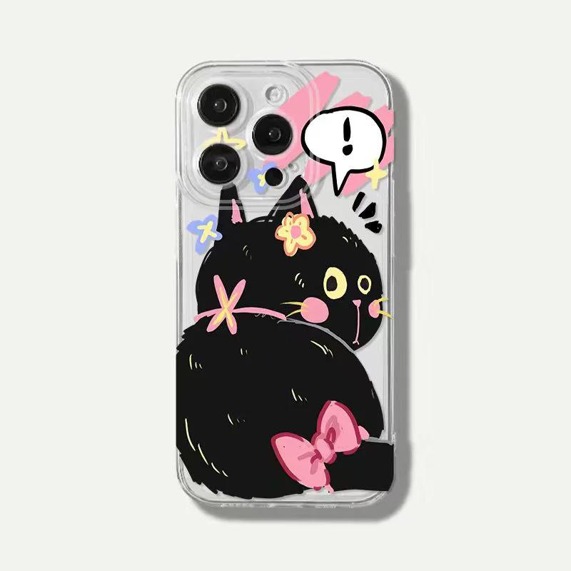 Cute Black Cat Strawberry Drink Clear Phone Case for iPhone 17 16 15 14 13 12 11 16E Series Pro Max Plus Double Layer Protection