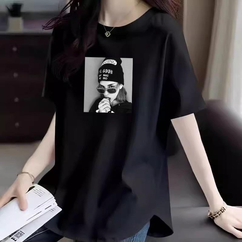 2025 Women's American Style Pure Cotton Loose Mid-Length Straight Shoulder Half Sleeve Summer T-Shirt