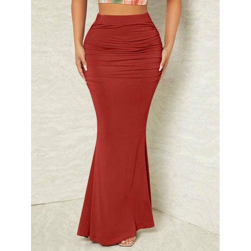 

High Waisted Hip Hugging Fishtail Skirt Solid High Waist Sheath Fishtail Skirt Women Red XL