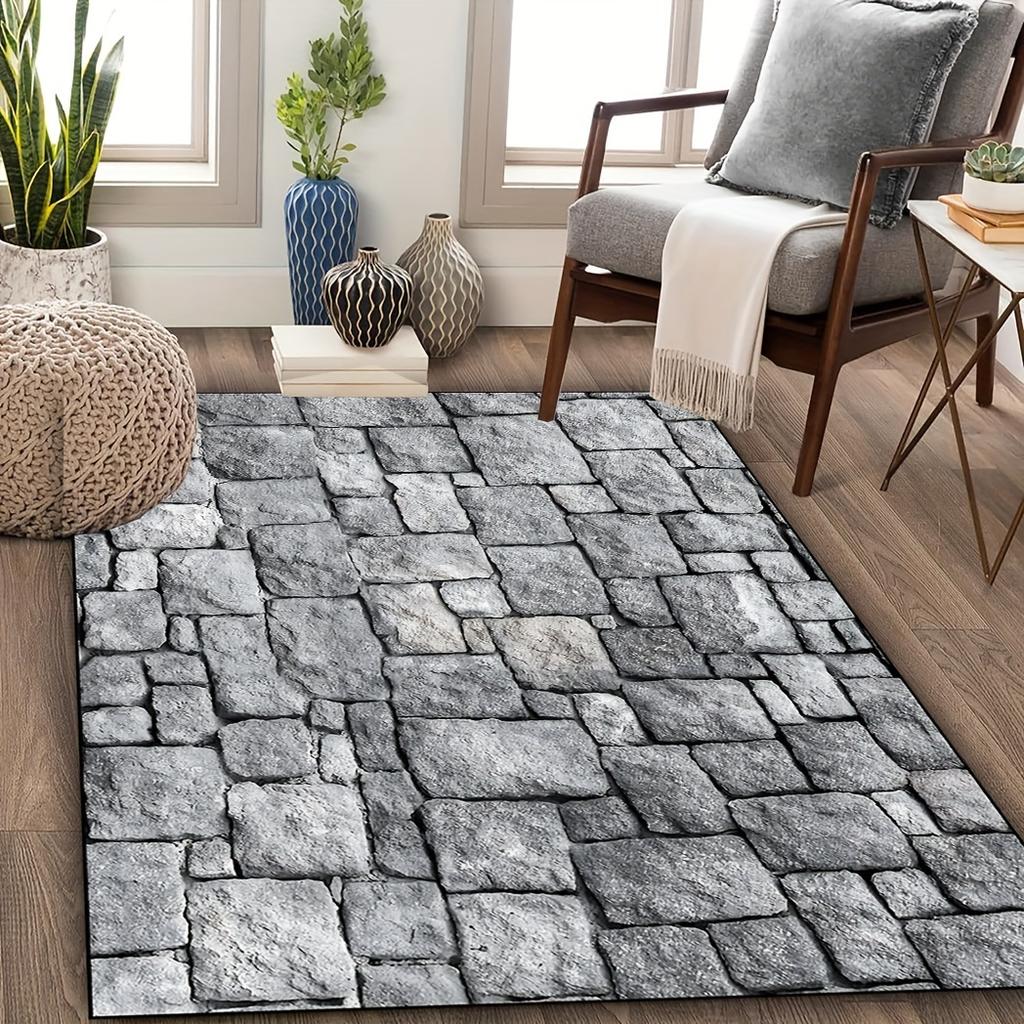 Stone Brick Pattern Rug - Non-Slip Washable Polyester Mat, Indoor/Outdoor Rectangular Pad for Entryway, Bedroom, Living Room