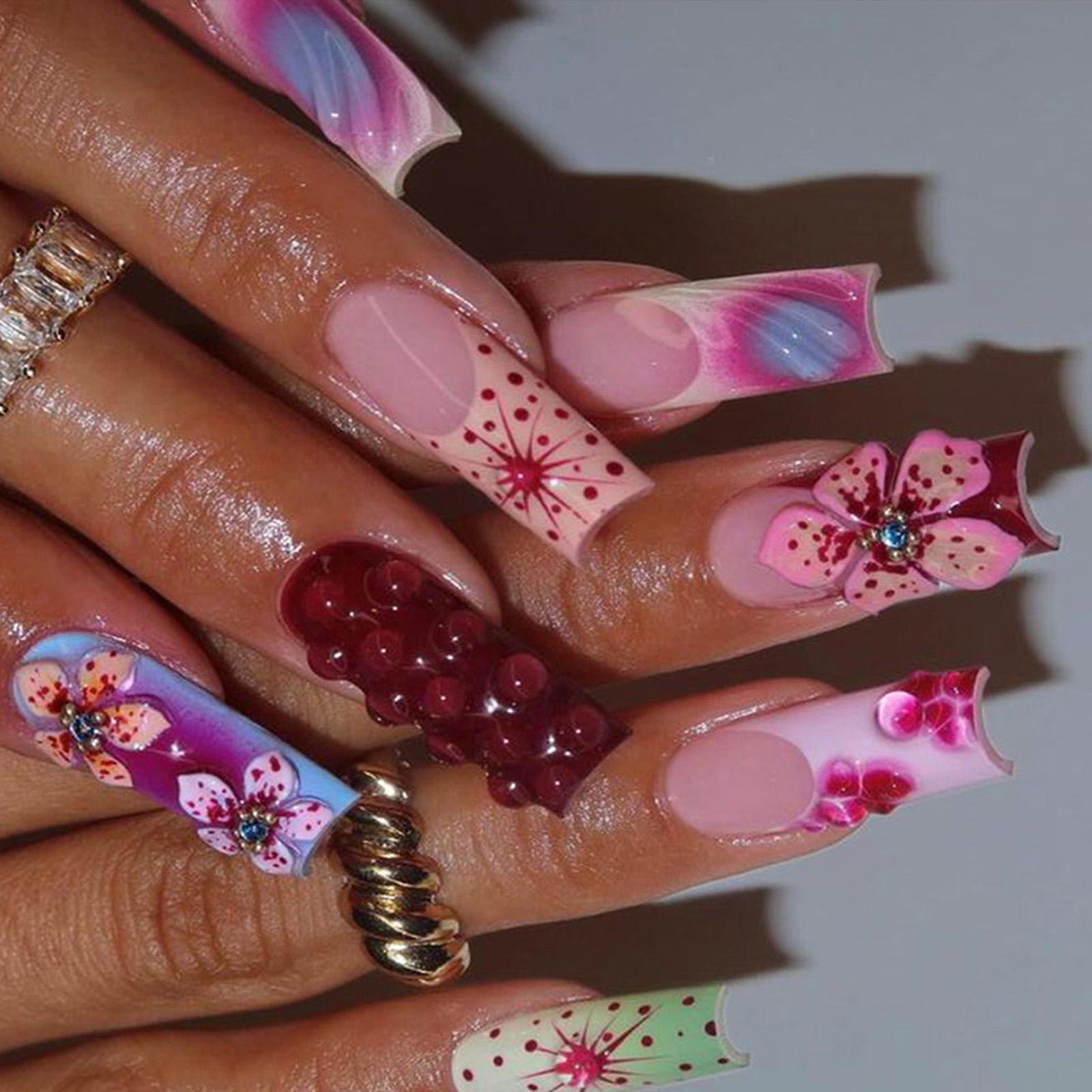 

24 шт. Накладные ногти с цветочным дизайном, полное покрытие, 3D цветочный дизайн, длинные квадратные искусственные ногти для женщин и девушек