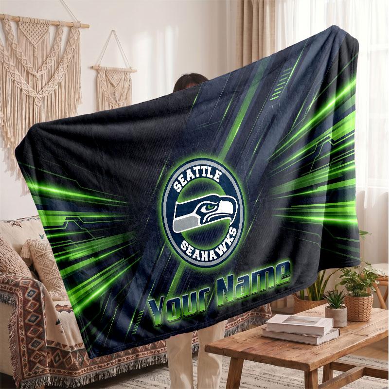 Seattle Seahawks Flannel Blanket, Custom Name Text Personalized Soft Throw Blanket Home Decor Gift