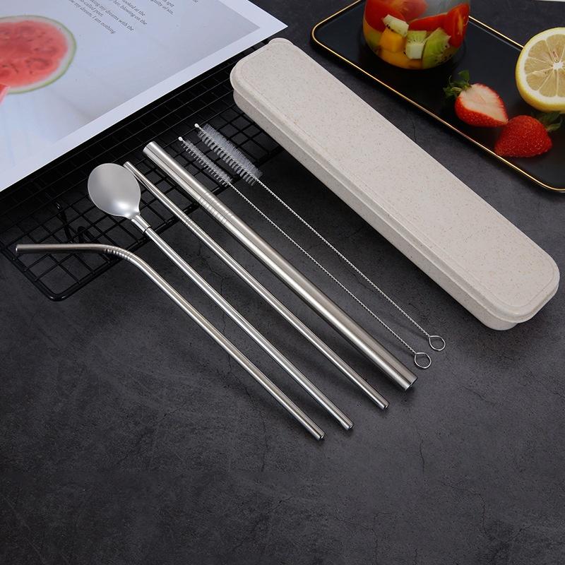 NEW Drinking Straw Stainless Steel Straw Set Straw Spoon with Brushes Box
