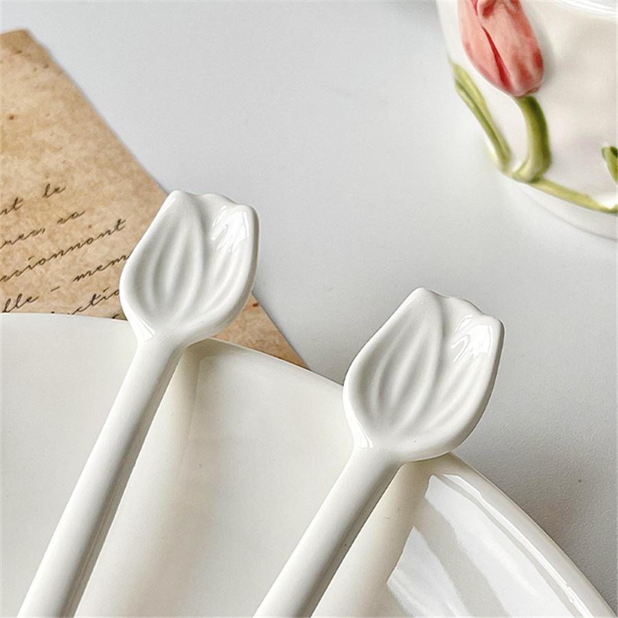 3/6pcs Ceramic Coffee Stirring Spoon, Ceramic Pure White Tulip Relief Creative Spoon, Coffee Supplies Small Spoon