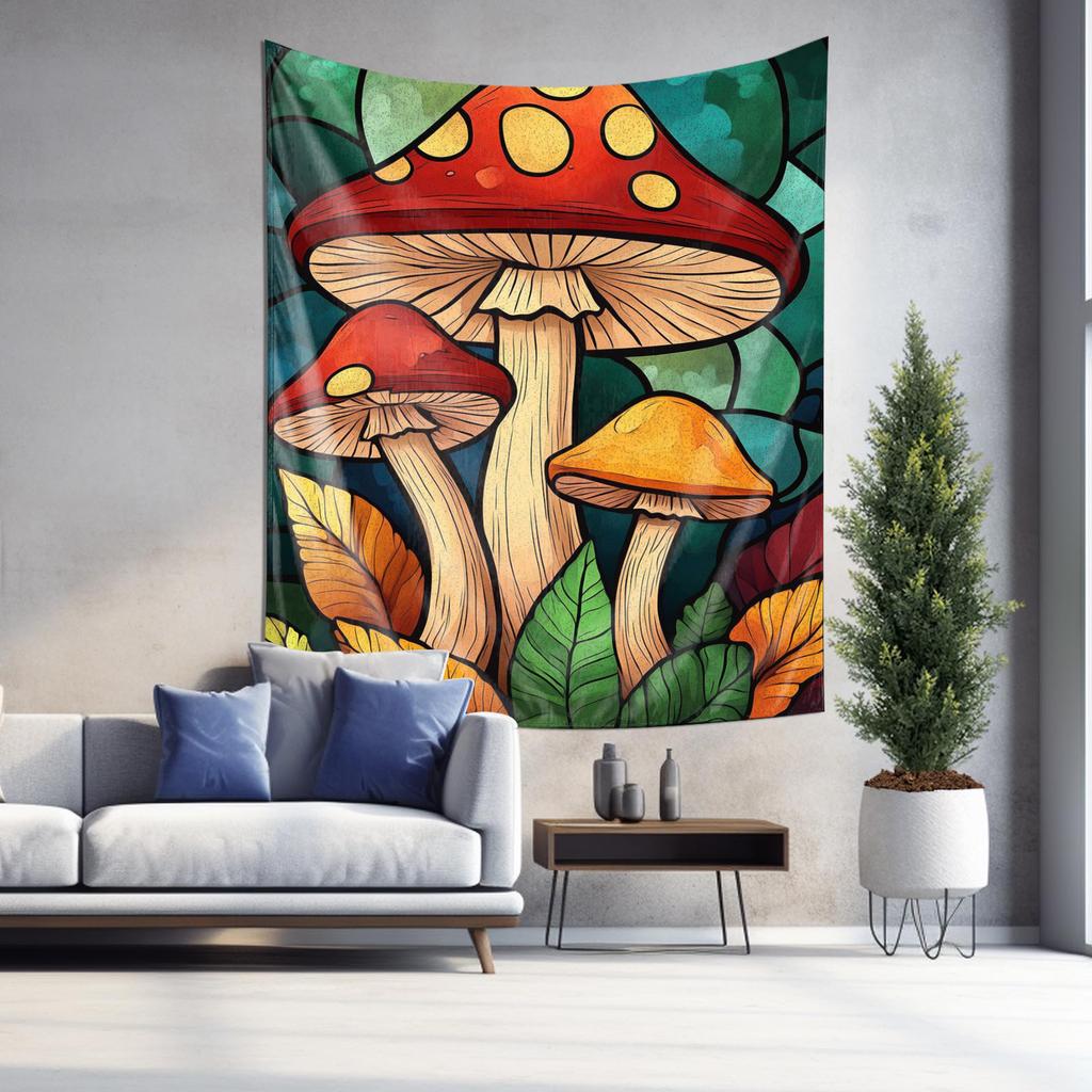 Psychedelic Art Style Mushroom Wall Hanging Colorful Leaf Decor Tapestry