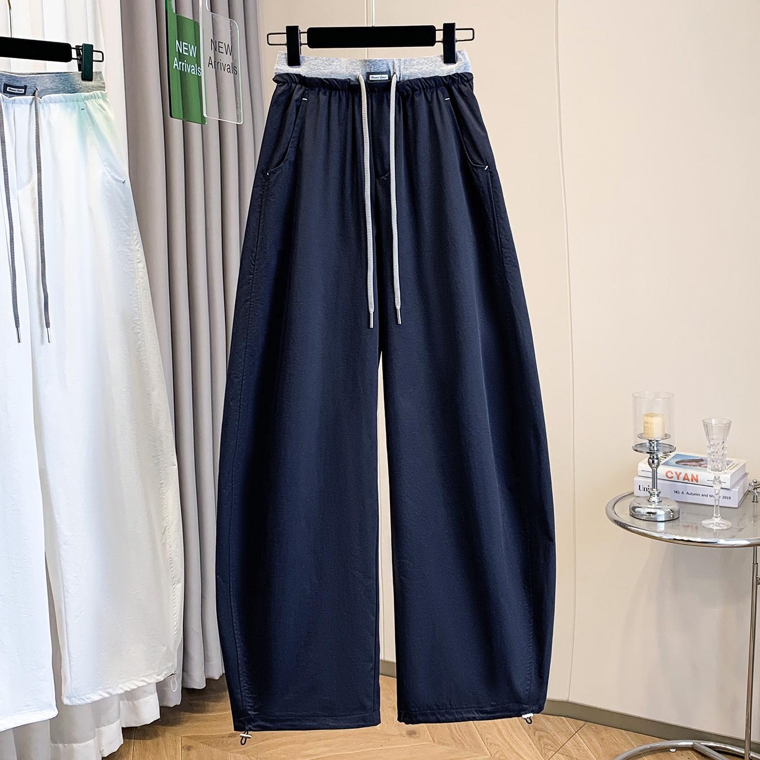 

Spring & Summer High-Waisted Belted Wide-Leg Women s Patchwork Pants with Elastic Cuffs - Casual & Slimming Two-Way Wear 2XL темно-синий