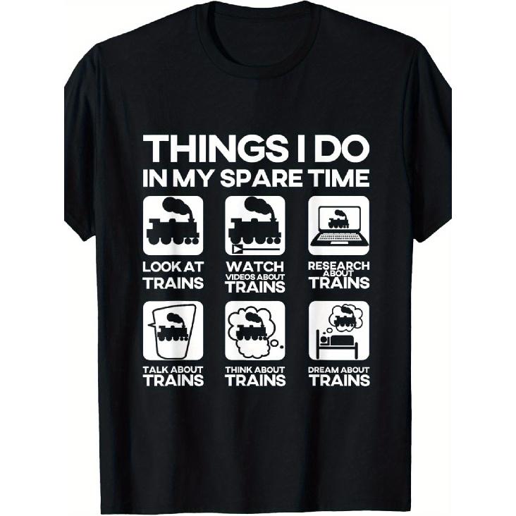 Men s & Women s Train Enthusiast T-Shirt - Cotton Steam Locomotive Hobby Tee with Train Slogans (Locomotive, Railway, Model Train) - Casual Round S чёрный