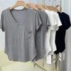 Women Loose Pocket T-shirts Summer Lady Korean V-neck Short Sleeve Casual Streetwear Tee Tops