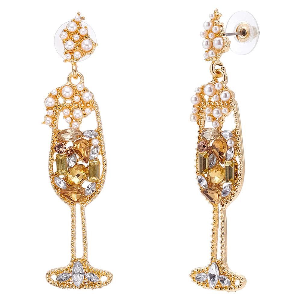 1Pair Alloy Rhinestone Dangle Stud Earrings, with Plastic Imitation Pearl, Wine Glass , Golden, 63.5x14.5mm