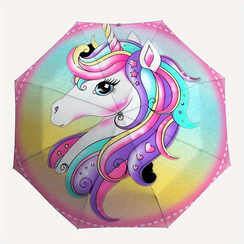Unicorn Fantasy Themed Automatic Folding Umbrella 8 Ribs Durable Iron Frame, Vibrant Color Design, Compact Travel Umbrella for Beach, Outdo