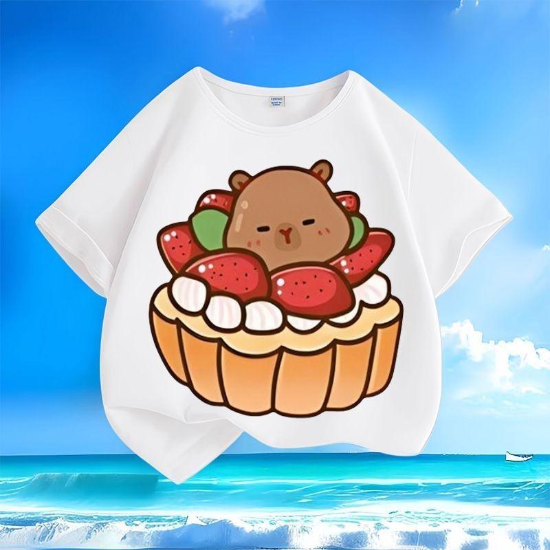 

New Capybara Kun Cartoon Kids T-shirt Crew Neck Loose Breathable Sweat-wicking Comfortable Tops 100