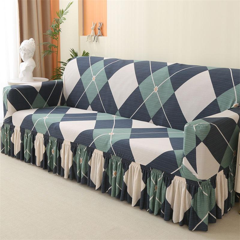 Geometric Elastic Sofa Cover with Skirt Fits Single To Four-Person Sofas Sofa Protection Cover|Elegant Home Accessory|Ruffled Edge Detail