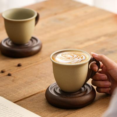 Coffee Cup with Wooden Handle Cone-Shaped Ceramic Mug 210ml Tapered Vintage Latte Mug Stable Wood