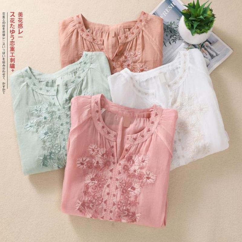 Bavlněná lněná košile s květinovou výšivkou Dámská tříčtvrteční rukávy Výstřih do V Ležérní halenka Volná Jednobarevná Halenka pro matku Dámská