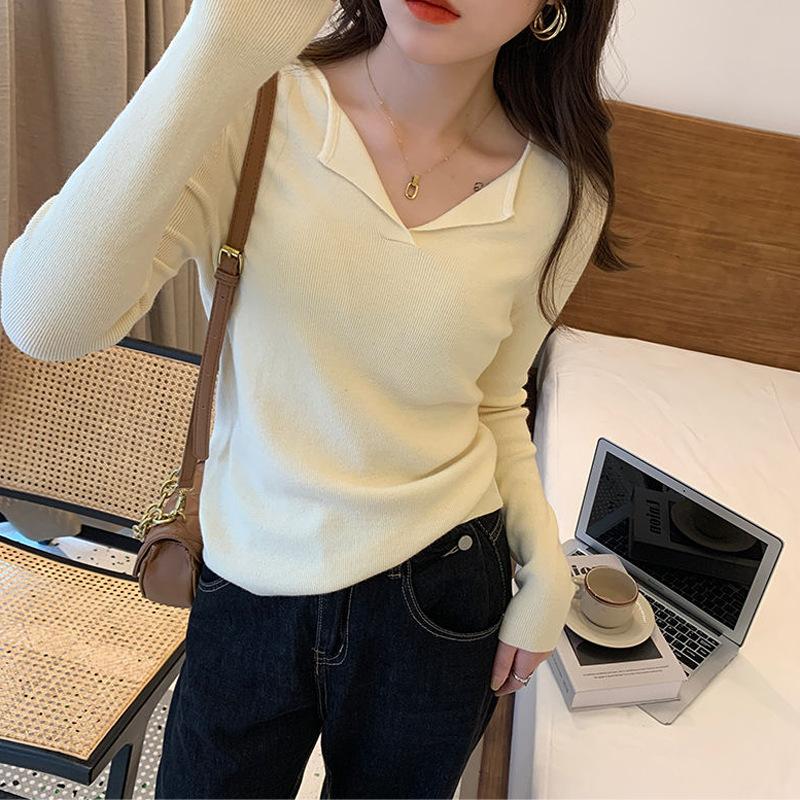 Base Layer Women Premium V Neck Knit Top Spring Shirt Slim White Elegant
