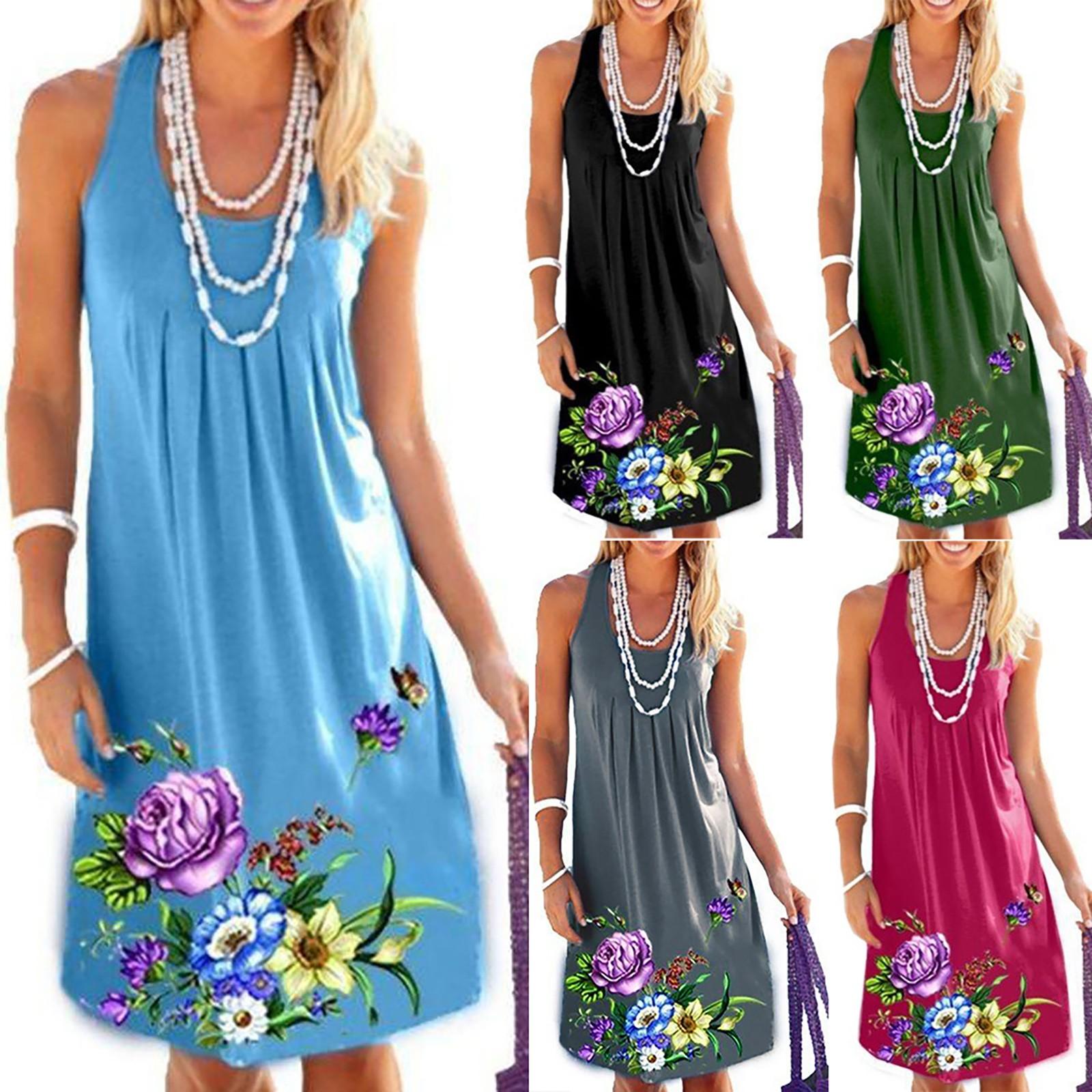 

Модное женское легкое мини-платье без рукавов с цветочным принтом