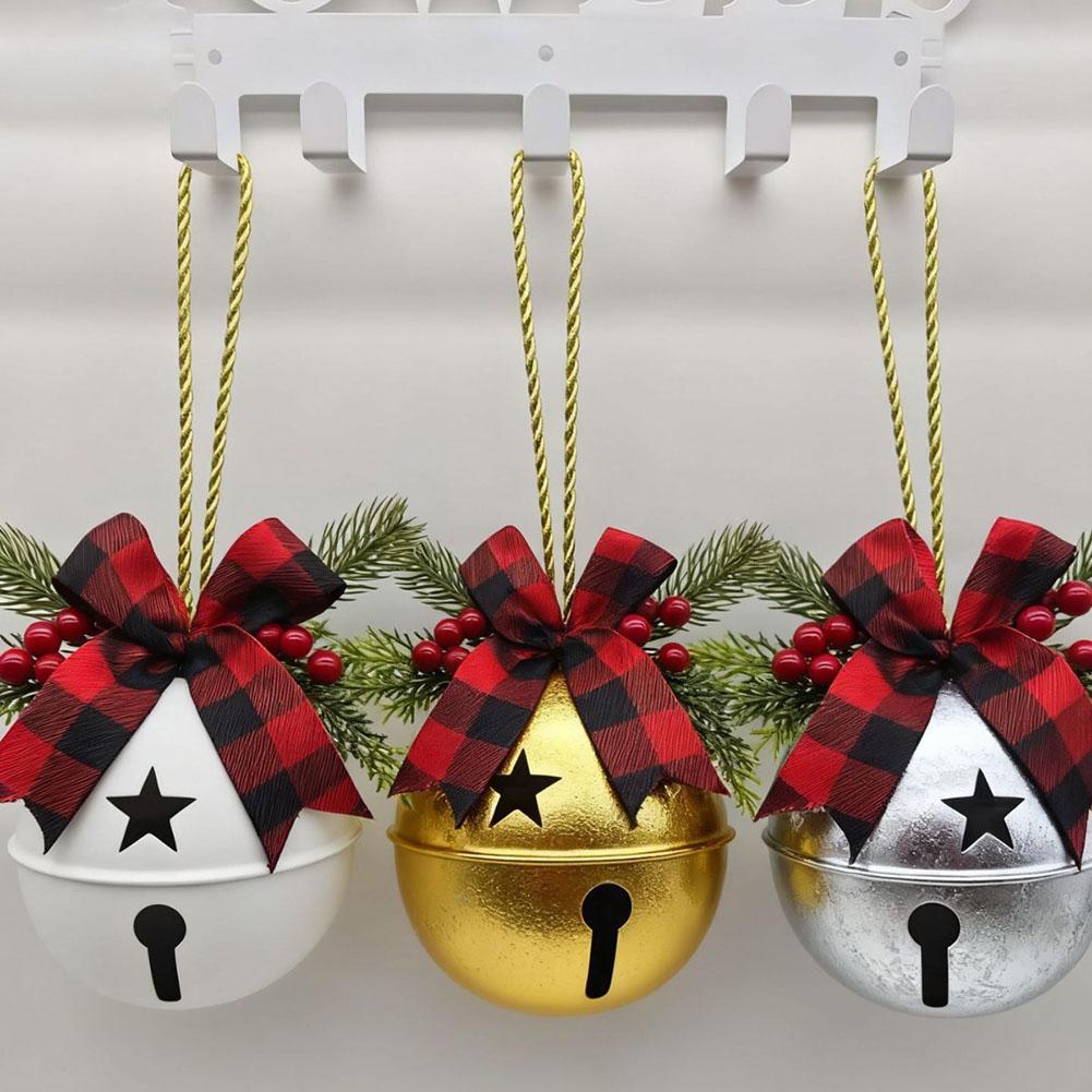 Holiday Season Metal Christmas Bells Ornament Featuring Holly Berry and Bow for Tree Door and Party Decorations