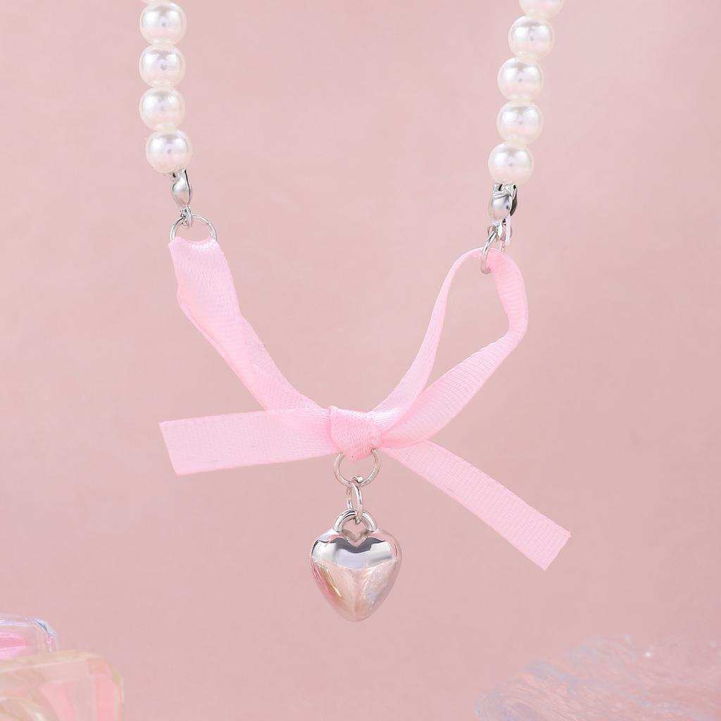 Hot Selling Accessories, Stylish Versatile Pearl Love Pink Bow Collarbone Chain Necklace