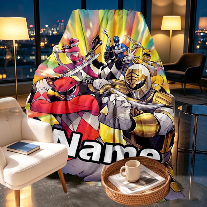 Individuell bedruckte Decken mit Namen, Mighty Morphin Power Rangers Motiv, Heimdekoration, Schlafzimmer, Sofa, Camping, Couch, Geschenke für Geburtstag Weihnachten