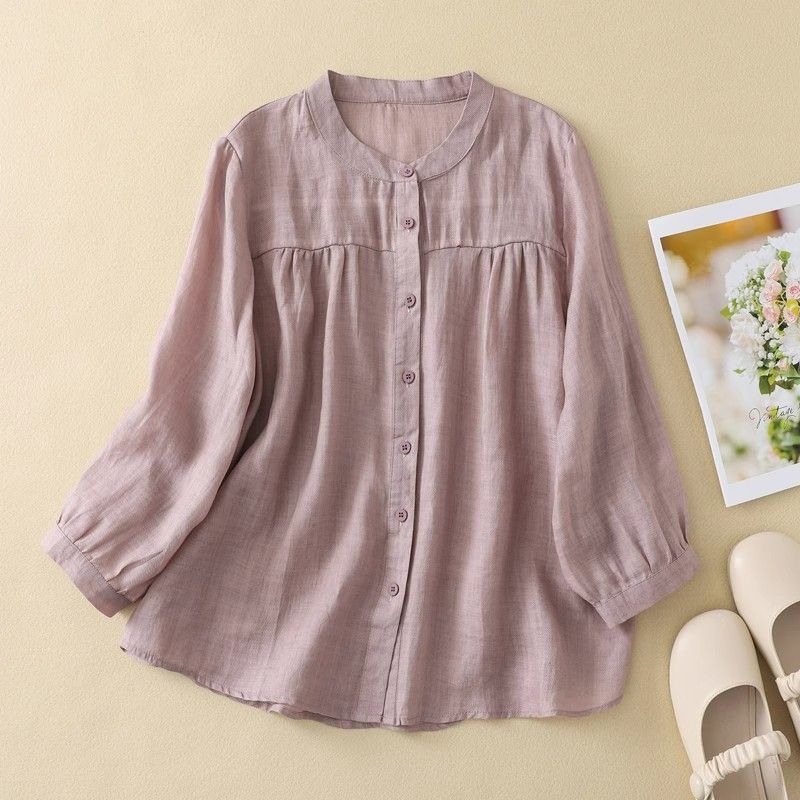 Cotton and Linen Shirt Thin Top Loose and Slimming Three-quarter Sleeve Solid Color Cardigan