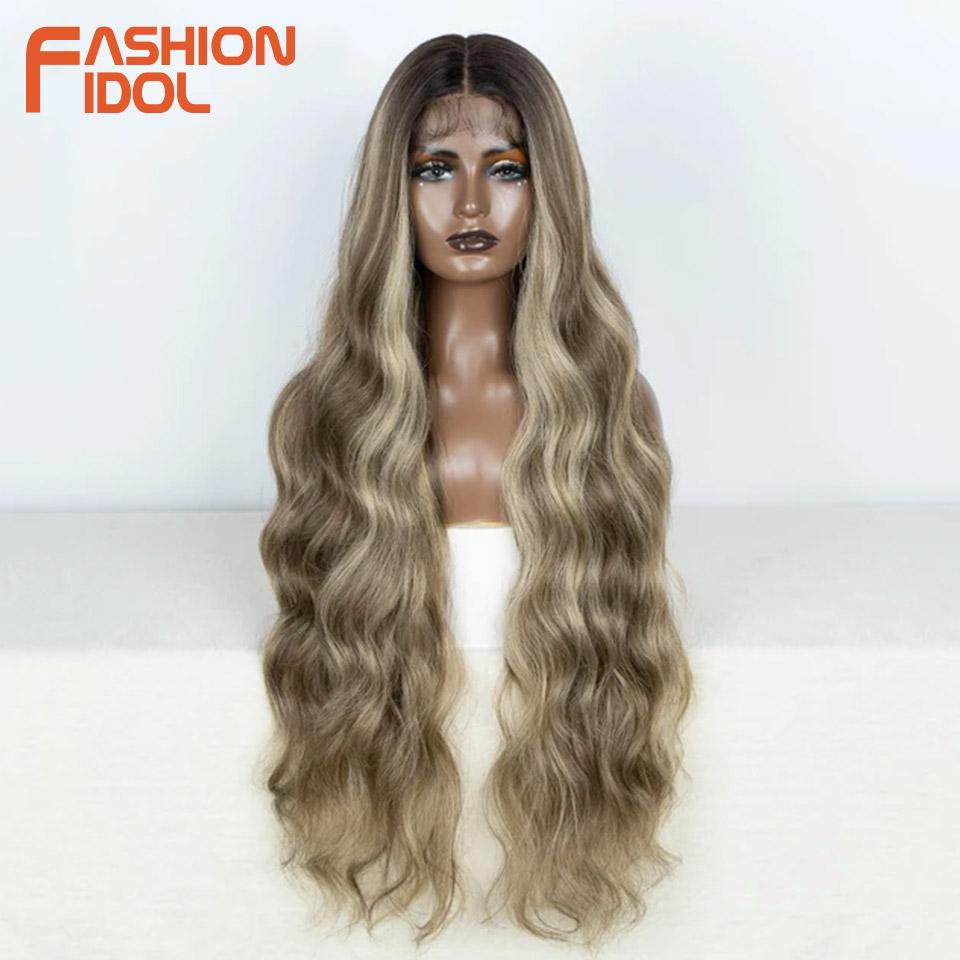 

FASHION IDOL 36inch/90cm Body Wavy Lace Wigs Synthetic High Temperature Fiber Ombre Blonde Natural Hair Lace Front Wigs Cosplay (as the picture,130%&36inches&Lace Topline)