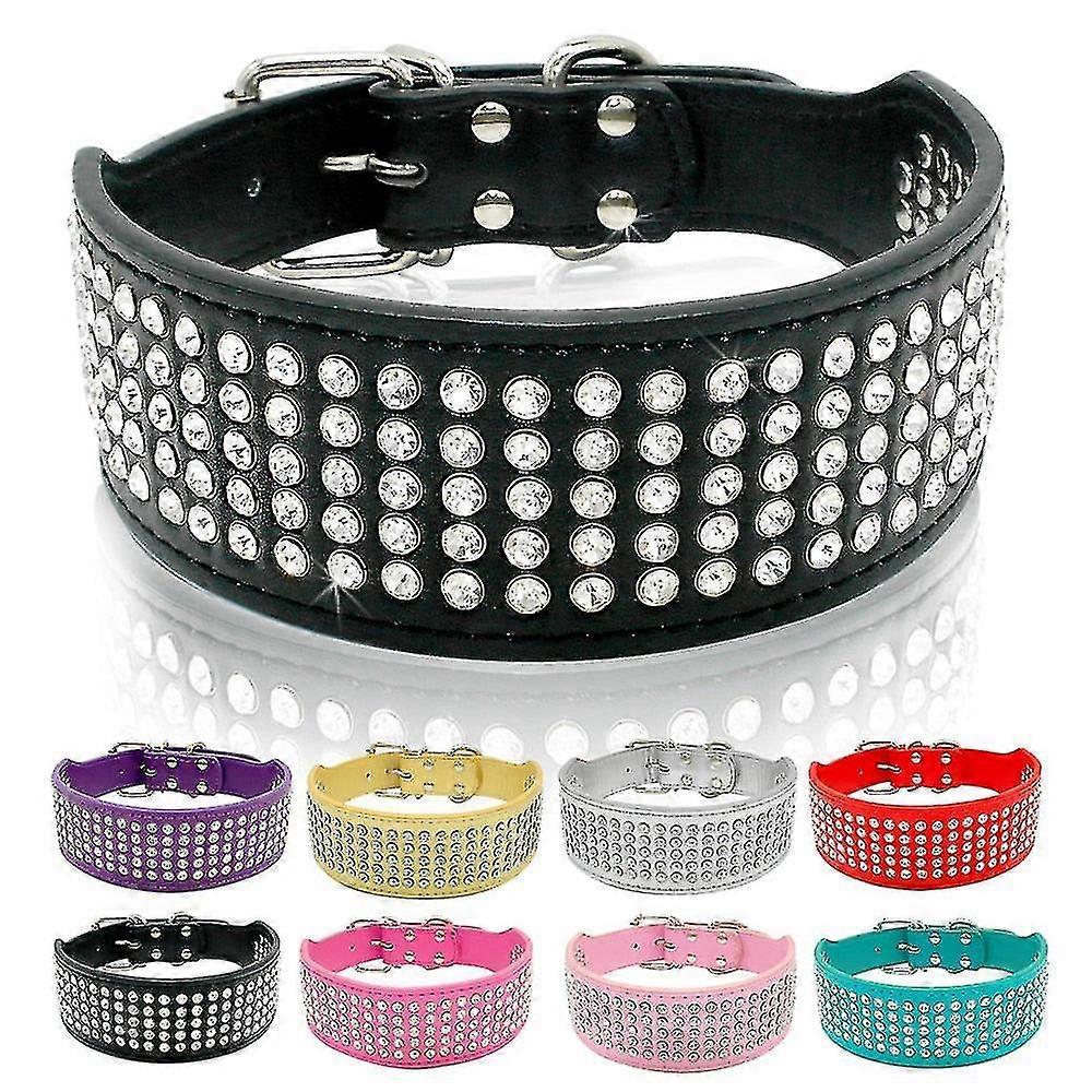 Leather Dog Collars Bling Diamante Crystal Studded Dogs Pet Collars 2inch Wide for Medium & Large Dogs Pitbull Boxer