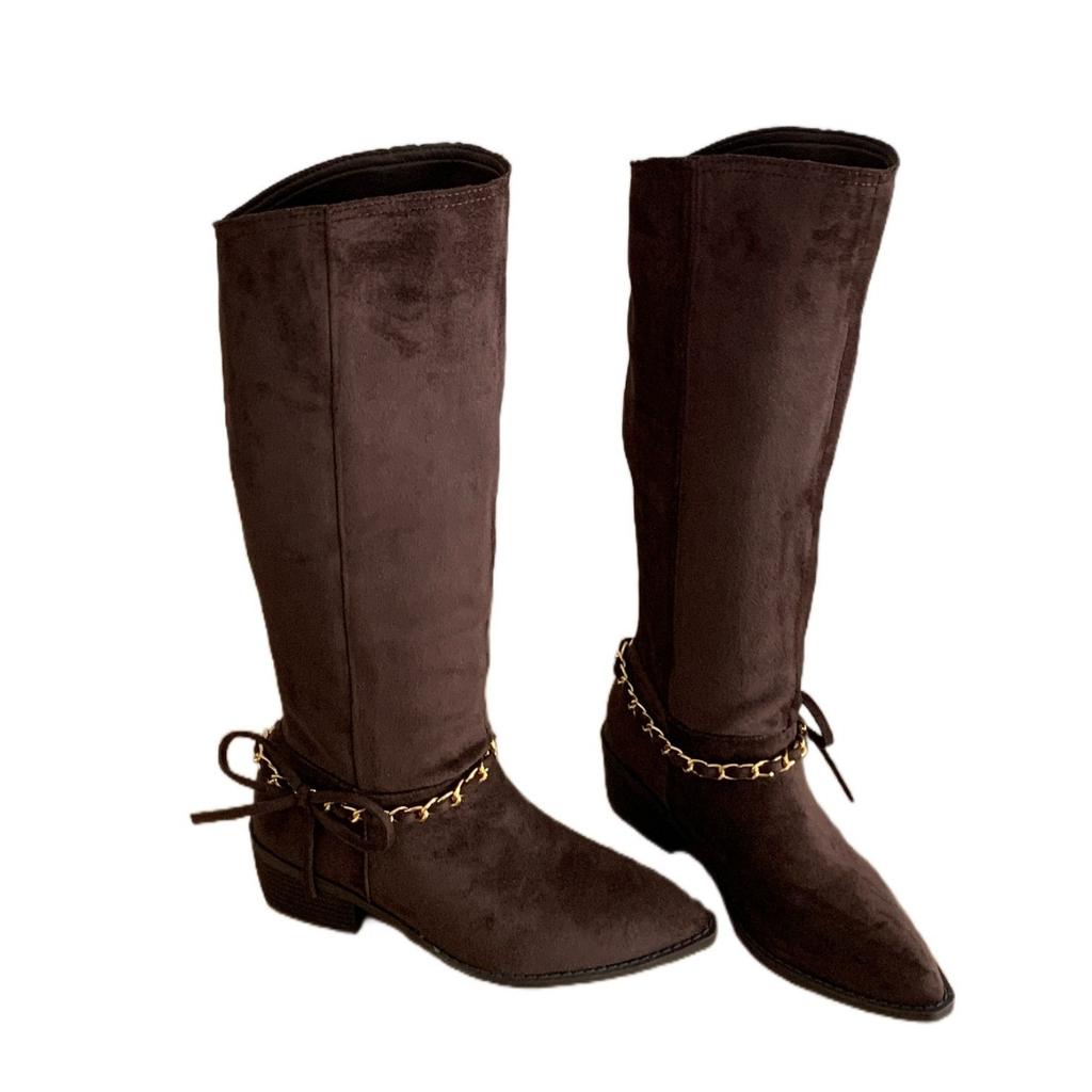 Fashion temperament elastic thin boots fashion short boots French retro suede pointed thin heels short boots women's new chain