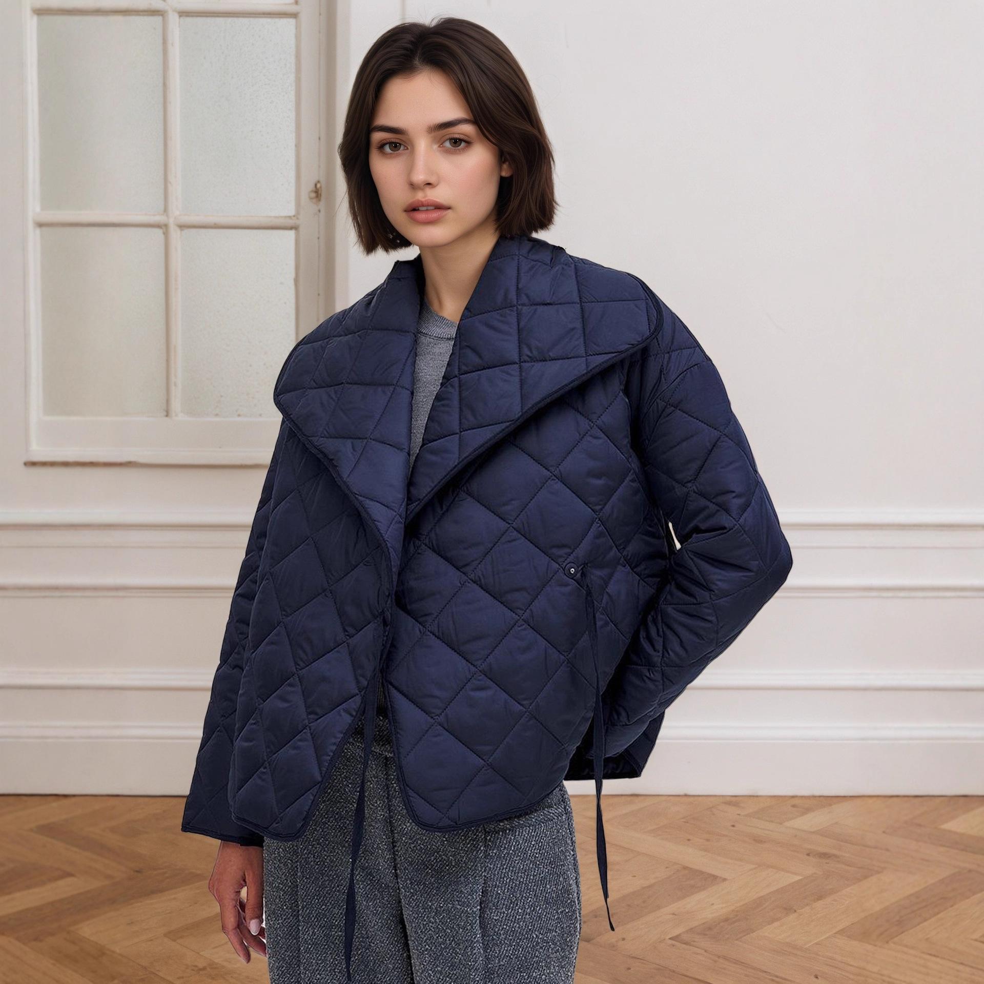 European-American Women s Fashion: Jewel Blue Quilted Loose Fit Cotton Jacket with Large Lapel and Diamond Accent. US/EU M