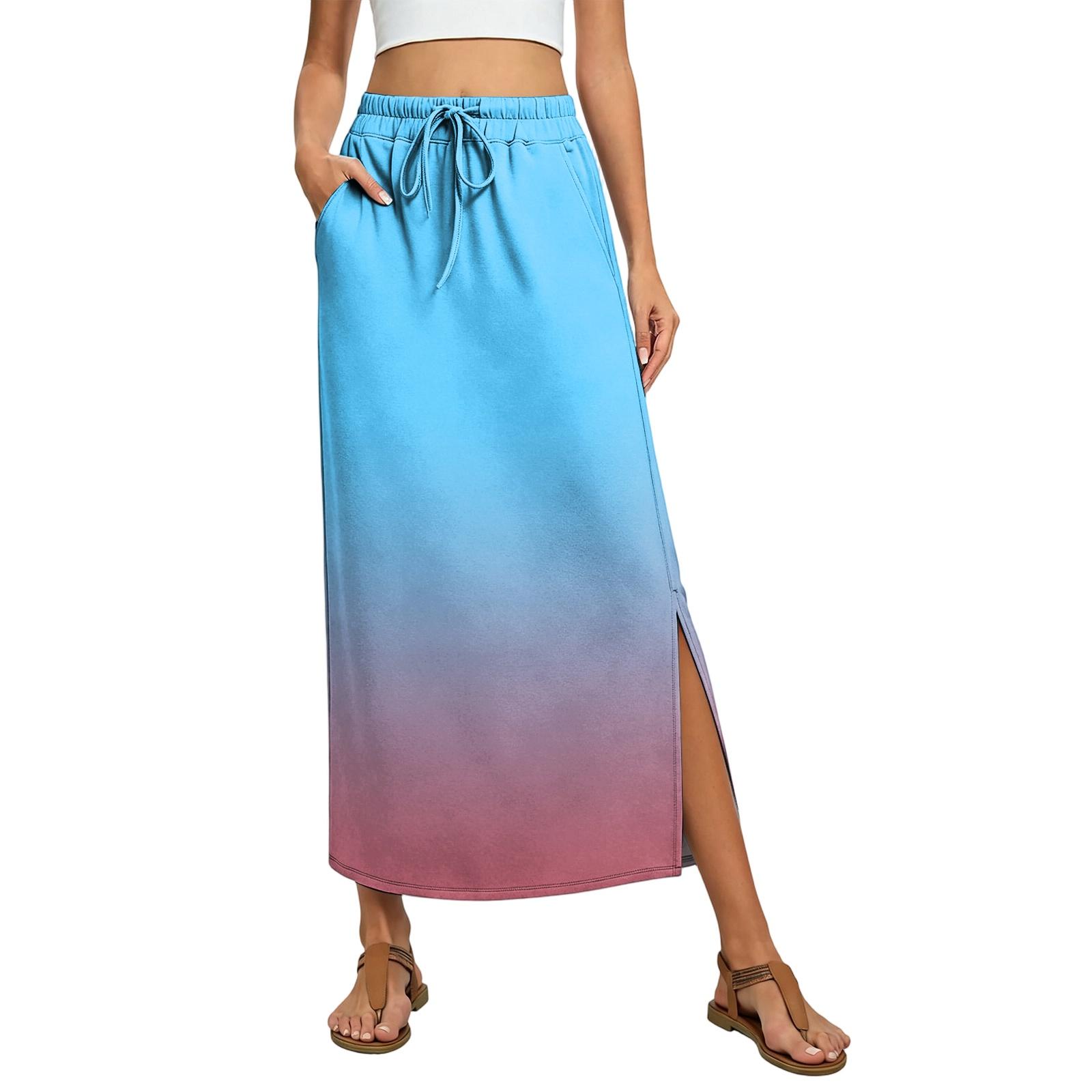Ladies  Gradient Printed Elastic Waist Drawstring Pocket Skirt L