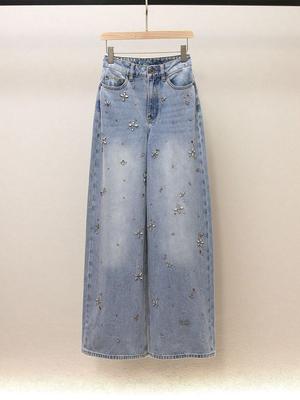 SP Autumn French Chic A-line High Waisted Rhinestone Wide Leg Jeans for Women