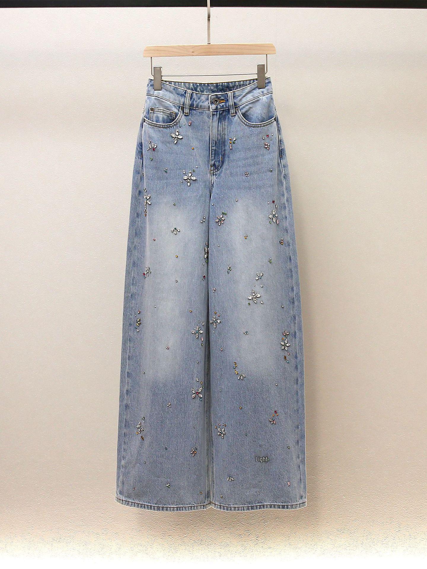 

SP Autumn French Chic A-line High Waisted Rhinestone Wide Leg Jeans for Women S