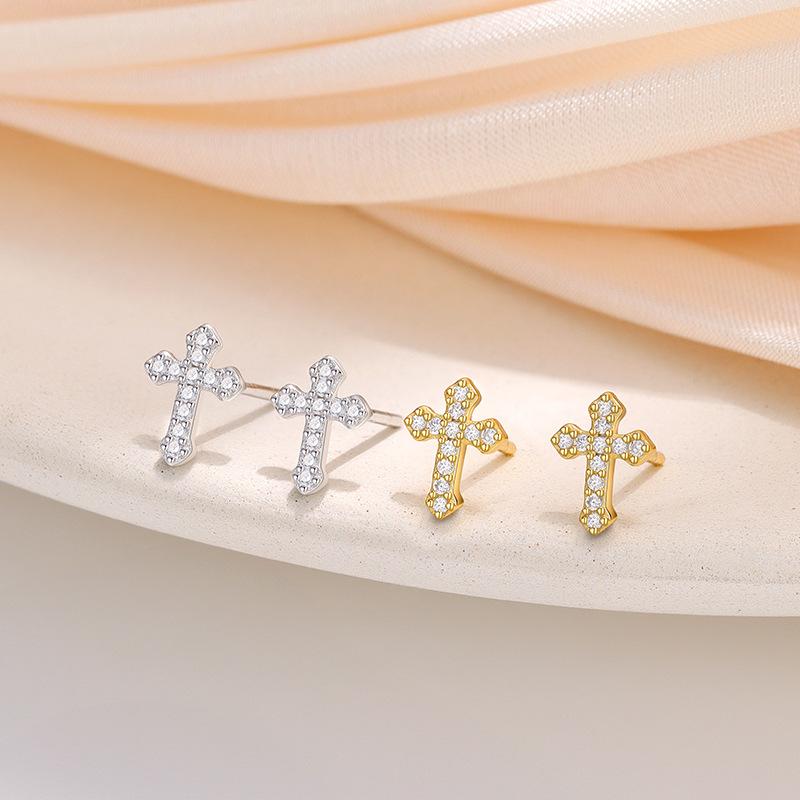 925 Sterling Silver Cross Stud Earrings Multi-Color Shiny CZ Crystal Minimalist Jewelry for Women Daily/Gift