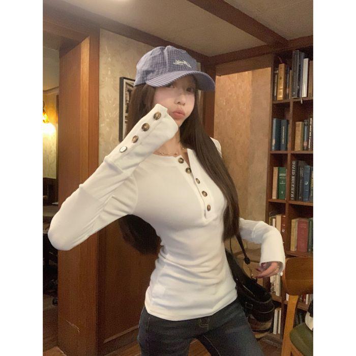 Design-Forward Slim-Fit Open-Neck Long-Sleeved Base Shirt - Spring New Arrival