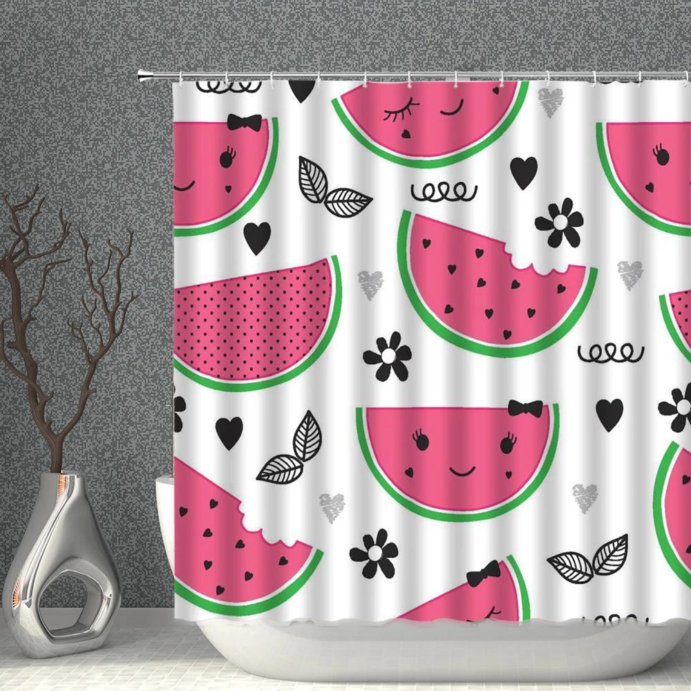 Fruits Shower Curtain Waterproof Fabric Watermelon Apple Strawberry Print Bath Curtains Set Pink Green White Bathroom Screen