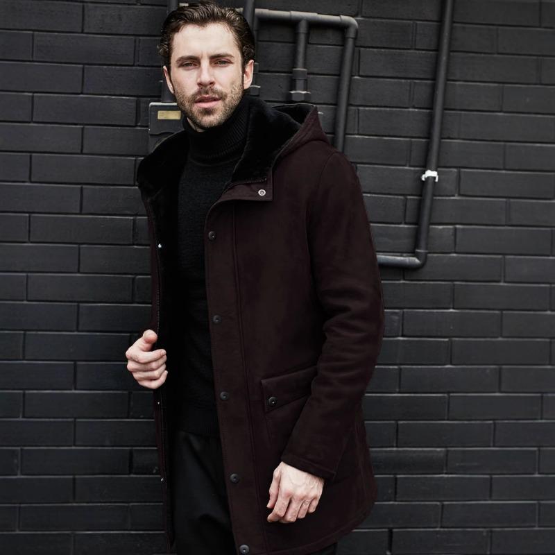 Long Jacket Fur Integrated Suede Jacket Multi-button Hooded Men's Coat