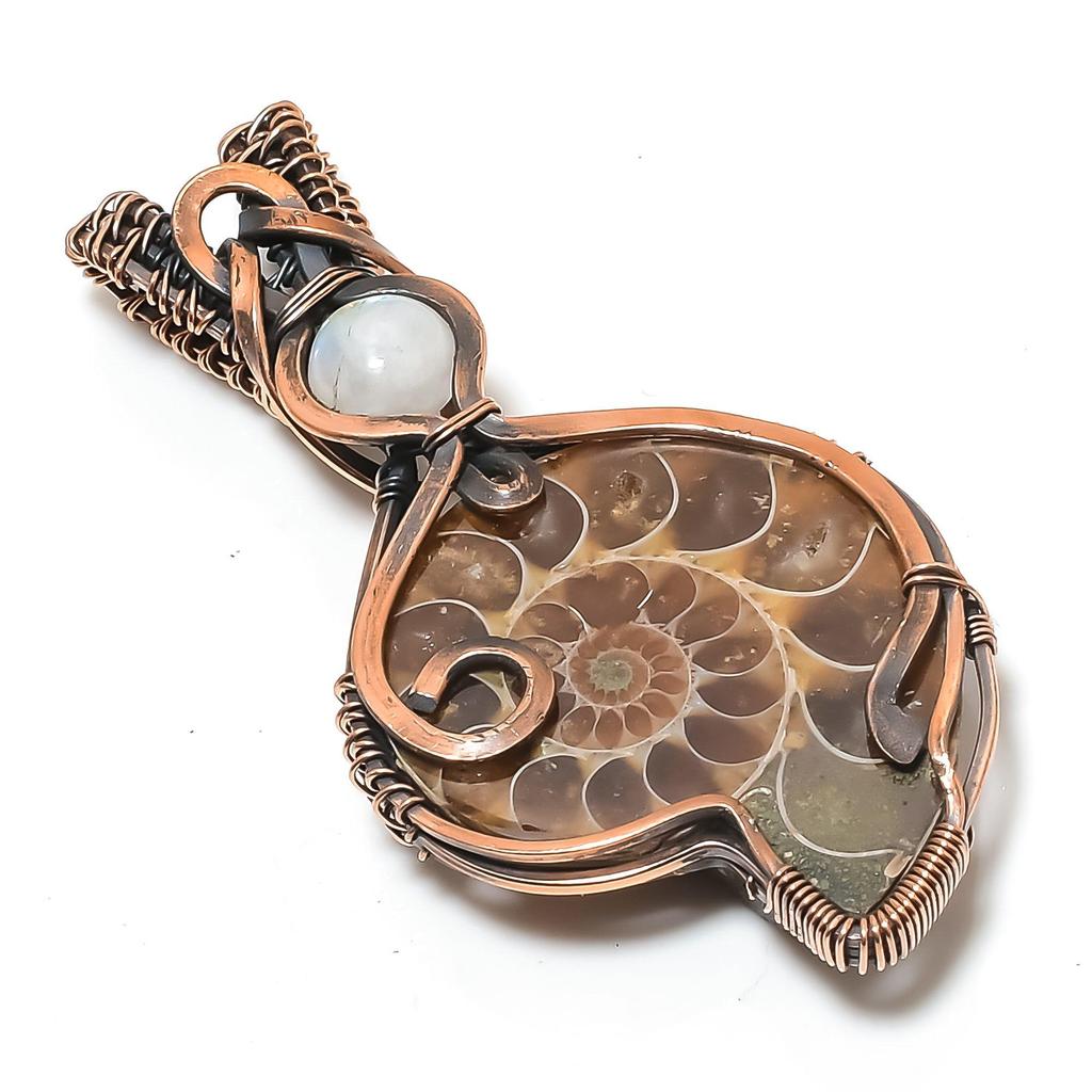 Ammonite Fossil 999 Copper Wire Wrapped Pendant, Handmade Gemstone Jewelry Pendant For Memorial Day