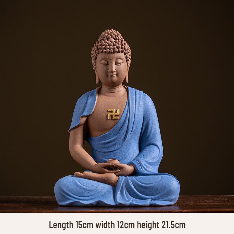 Keramik Shakyamuni Buddha Statue - Wohnzimmer Kunstwerk mit den Drei Heiligen und Lichtkreis Design