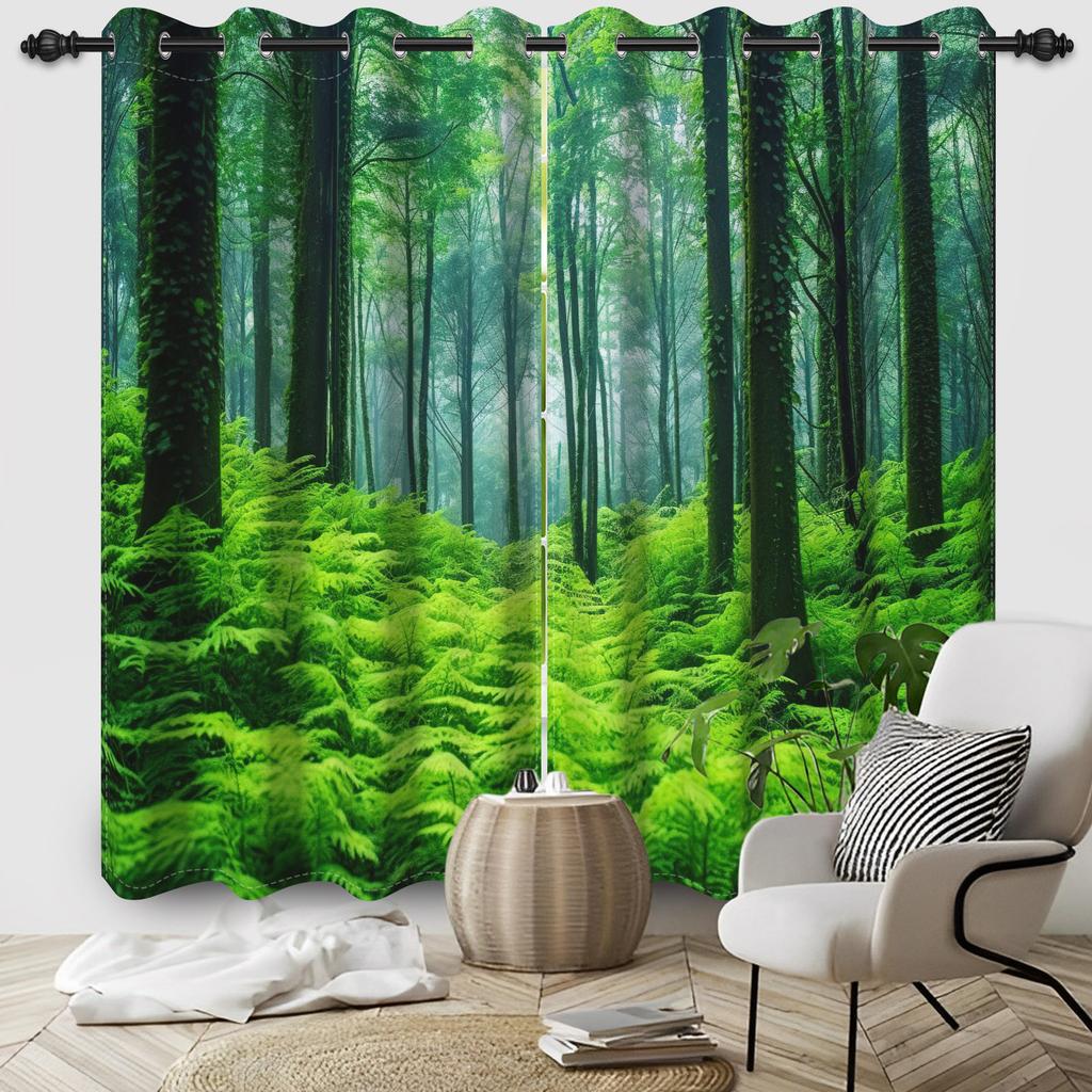 2pcs/set Blackout Curtains Sunny Forest Natural Green Space Landscape Polyester Window Bedroom Kitchen Home Interior Curtains