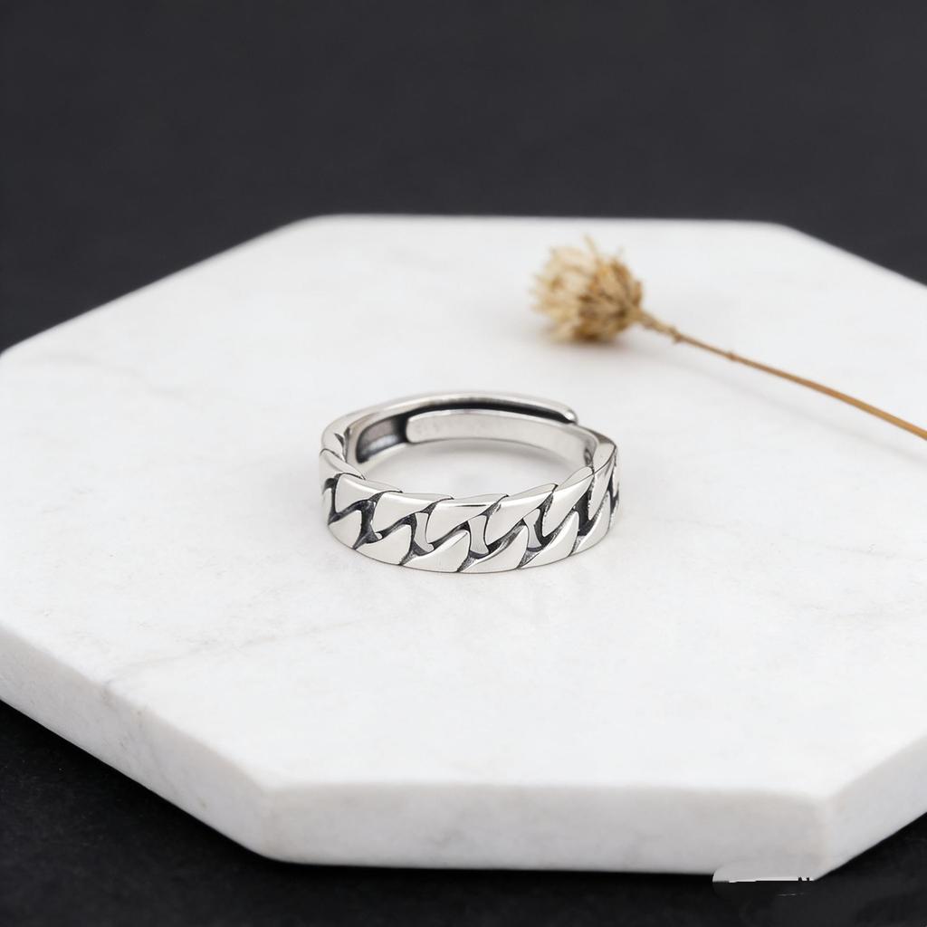 CaiYi S925 Sterling Silver Twist Chain Ring - Trendy Unisex Design