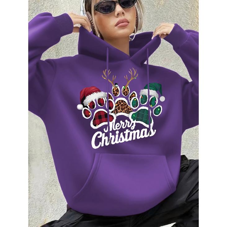 Women's New Autumn/Winter Christmas Footprint Print Fleece-Lined Drawstring Hoodie, Casual & Fashionable