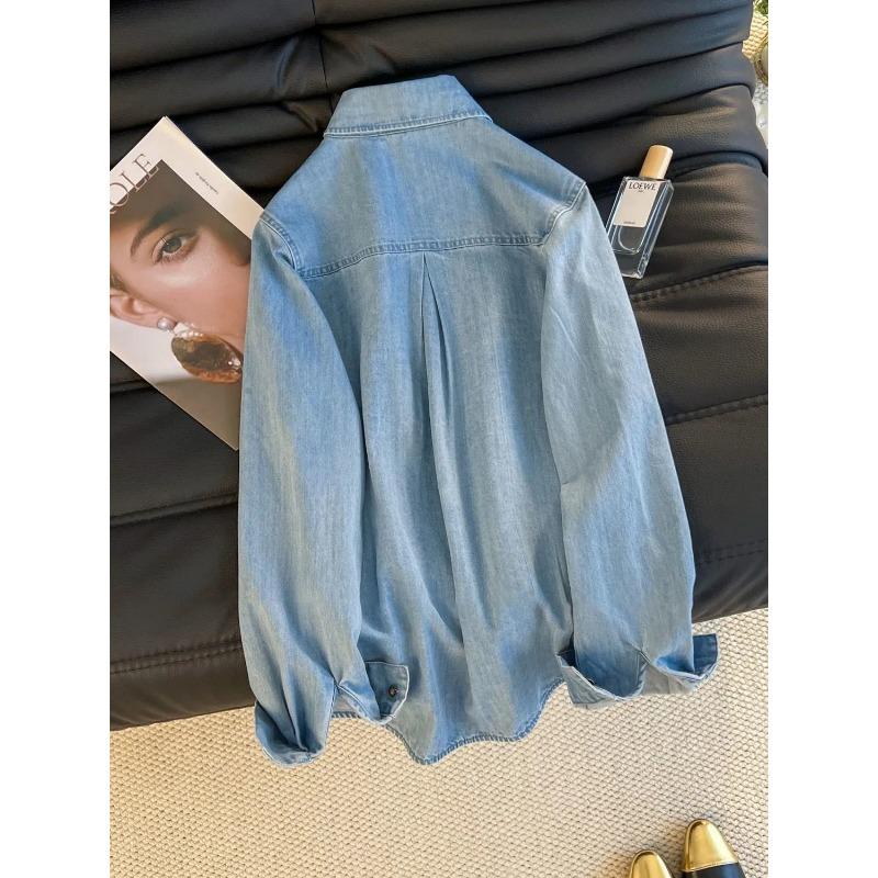 Dames Gewassen Blauw Denim Blouse Lange Mouw Knopen Top