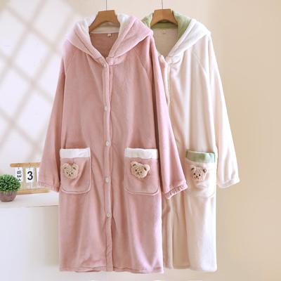 Women's Thickened Hooded Flannel Bear Robe - Cozy Wear for Indoor & Outdoor Spring and Autumn.