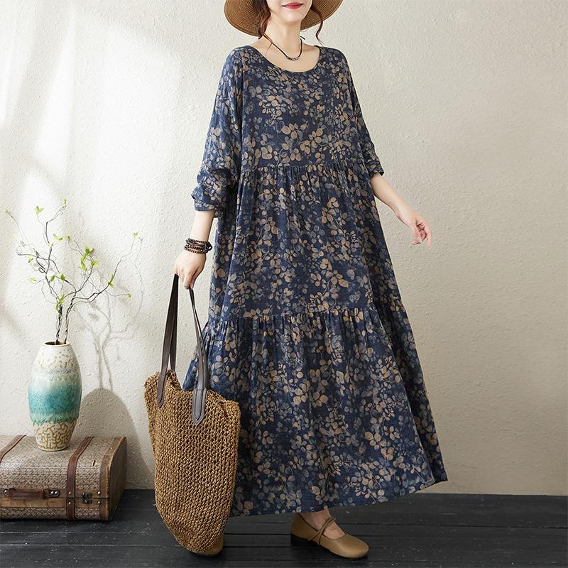 Real Autumn New Thin Cotton and Linen Fat MM Long Sleeves Loose and Thin Cake Big Pendulum A Word Dress Women