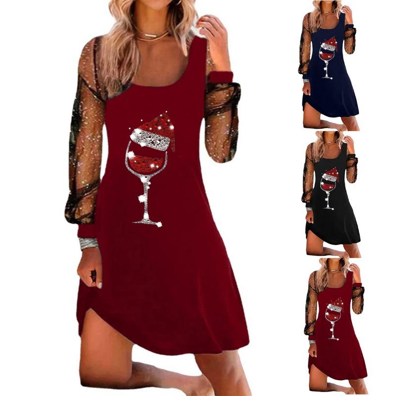 Women's Fashion Spring Autumn Solid Color Print Long Sleeve U-Neck High Waist Casual Dresses