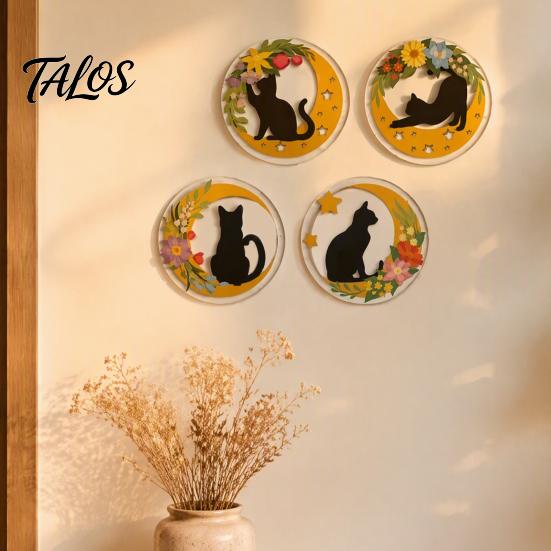 Cat Wall Art Decor 4Pcs Wooden Decor, 2D Flat Round with Flower Entryway Theme Moon Elements, Lightweight Decorative Hanging Signs for Living