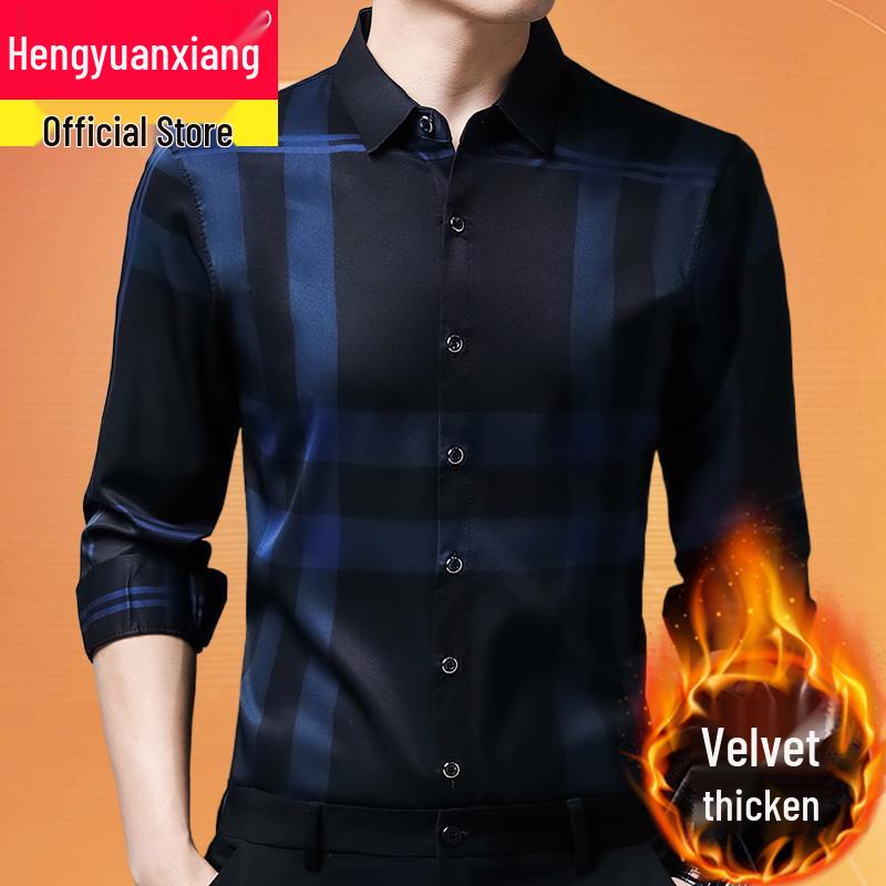 Hengyuanxiang Men's Autumn Plaid Long Sleeve Iron-Free Casual Shirt